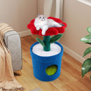 Colorful cat tree featuring a flower perch and scratching post, providing a cozy retreat for indoor cats.