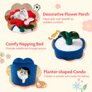 Flower-shaped perch and planter-shaped condo of a multicolored cat tree, providing comfort and lounging space for cats.