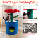 Colorful cat tree with flower perch and scratching post, featuring a cozy condo for indoor feline relaxation.