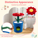 Colorful cat tree with flower perch and scratching post, featuring soft fabric and rustling leaves for playful comfort.