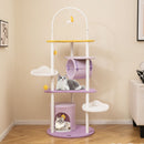 Multi-level purple cat tree with moon-shaped top perch, cloud-like platforms, and cozy condo for playful cats.