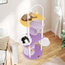 Multi-level cat tree with moon-shaped top perch in purple, featuring cozy platforms and playful hanging toys for cats.