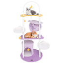 Multi-level purple cat tree with moon-shaped top perch, cloud-like platforms, and cozy condo for playful relaxation.