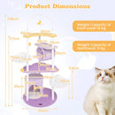 Multi-level cat tree with moon-shaped top perch in purple, featuring cloud edges and anti-tipping design for stability.
