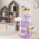 Multi-level purple cat tree with moon-shaped top perch, cloud-like edges, and cozy hideaways for playful cats.
