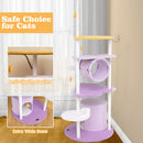 Multi-level purple cat tree with moon-shaped top perch, anti-tipping device, and cozy condo for secure relaxation.
