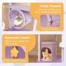 Large cat condo with star-shaped hanging toy, offering a cozy retreat for cats in a purple multi-level cat tree.