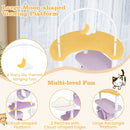 Moon-shaped top perch of the 158 CM multi-level cat tree in purple, featuring starry toys and cloud-shaped edges for.