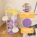 Multi-level cat tree with moon-shaped top perch, purple teddy fleece covering, and metal supporting posts for stability.