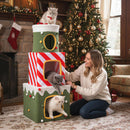 Stackable Christmas cat tree in green with 3 condos and a dangling ball, perfect for festive indoor play and relaxation.