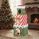 Stackable Christmas cat tree with 3 condos, festive design, and hanging ball for indoor feline fun and relaxation.