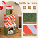 Stackable Christmas cat tree with 3 condos, plush fabric, and a hanging ball for cozy indoor play and relaxation.