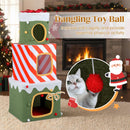 Christmas cat tree with 3 condos and a dangling toy ball, designed for indoor play and cozy hideaways.