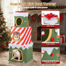 Stackable Christmas cat tree with 3 condos, plush fabric, and dangling ball for festive indoor play and relaxation.