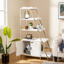 Large cat litter box enclosure in white with 5-tier shelves, providing a hidden retreat and stylish storage for pets.