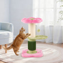 Cute pink cat scratcher with thick sisal post, plush top perch, and interactive hanging ball for playful lounging.