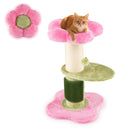 Cozy pink cat tree with plush top perch, sisal scratching post, and interactive hanging ball for playful lounging.