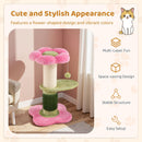 Flower-shaped cat scratcher with thick sisal post, plush top perch, and interactive hanging ball for playful lounging.