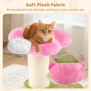 Cozy pink plush top perch on a cat scratcher with thick sisal post, perfect for lounging and scratching.