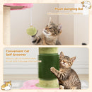Plush dangling ball and self-groomer on a pink cat scratcher with thick sisal post for playful interaction and comfort.