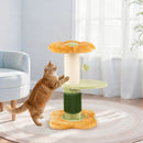 Cat scratcher with thick sisal post and plush flower design, featuring three tiers for play and relaxation in yellow.