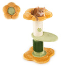 Cat tree with plush top perch and sisal scratching post, designed for comfort and play in vibrant yellow and green.