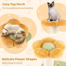 Cozy top perch of a yellow cat tree with plush fabric, ideal for lounging and overlooking, perfect for playful cats.