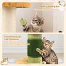 Plush cat tree with a hanging ball and self-groomer, featuring a thick sisal scratching post for healthy claw care.