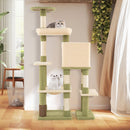 Multi-level cat tower in green with cozy hammock, large cat house, and self-grooming brush for climbing and resting.