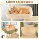 Multi-level cat tower in green with cozy hammock, padded bed, and self-grooming brush for climbing and resting.
