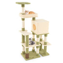 Multi-level cat tower in green with cozy hammock, large cat house, and self-grooming brush for playful cats.
