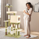 Multi-level cat tower in green with cozy hammock, large condo, and self-grooming brush for playful relaxation.
