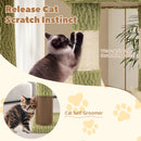 Multi-level cat tower in green with scratching posts and self-groomer, designed for climbing, resting, and play.