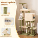 Multi-level cat tower in green with plush posts, private condo, and wide platforms for climbing and lounging.