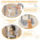 Multi-level cat tree with scratching posts, plush surfaces, and cloverleaf toys for playful relaxation and nail health.