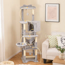 Multi-level 176cm tall cat tree with plush surfaces, top perch, hammock, and multiple scratching posts for feline fun.