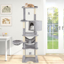Multi-level cat tree with top perch, large condo, and scratching posts for comfortable lounging and play.