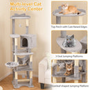 Multi-level cat tree with top perch, large condo, and oval platforms for playful lounging and scratching.