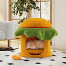Hamburger-shaped cat condo in orange with removable cushion and hanging chicken leg toy, perfect for cozy lounging.
