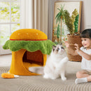 Orange hamburger cat condo featuring a cozy top perch and soft cushion, perfect for lounging and playful observation.