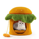 Hamburger-shaped cat condo in orange with removable cushion and hanging chicken leg toy for cozy playtime and.