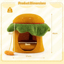 Dimensions of the orange hamburger cat condo with a cozy top perch and removable cushion, ideal for pet relaxation.