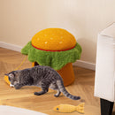 Orange hamburger cat condo with a cozy top perch and plush cushion, providing a whimsical and secure retreat for pets.