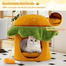 Hamburger-shaped cat condo in orange with removable cushion and hanging chicken leg toy for cozy play and relaxation.