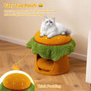 Hamburger-shaped cat condo with cozy top perch, removable cushion, and hanging chicken leg toy for playful lounging.