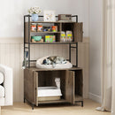 Cat litter box enclosure in grey with storage shelves, hooks, and a cozy top for your feline friend. Ideal for home.