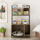 Cat litter box enclosure in grey with storage shelves, hooks, and a cozy cabinet for pet supplies and decor.