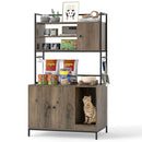 Cat litter box enclosure in grey with storage shelves, hooks, and a cozy cat house for organized pet supplies.