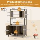 Cat litter box enclosure in grey with storage shelves and hooks, featuring dimensions for optimal space use and.