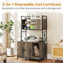 Cat litter box enclosure in grey with storage shelves, hooks, and a cozy cat house for stylish home organization.